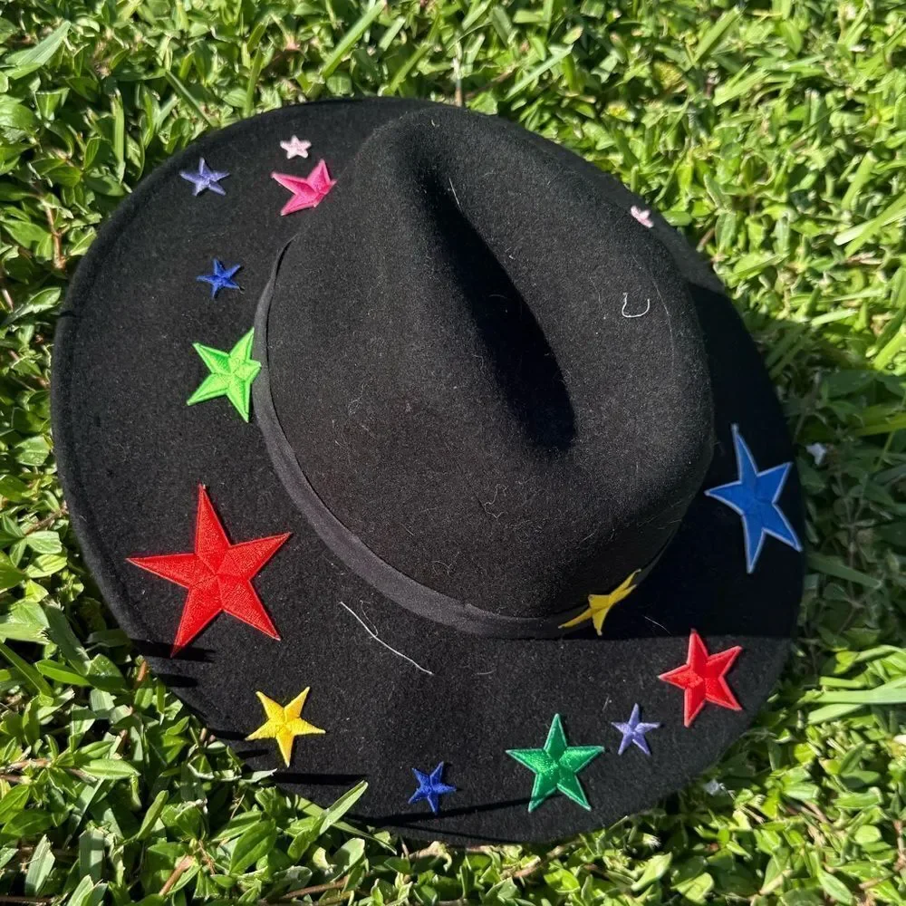 Black Wool Hat - Colorful Embroidered Stars - BRAND NEW - Fits Most - Black Trim